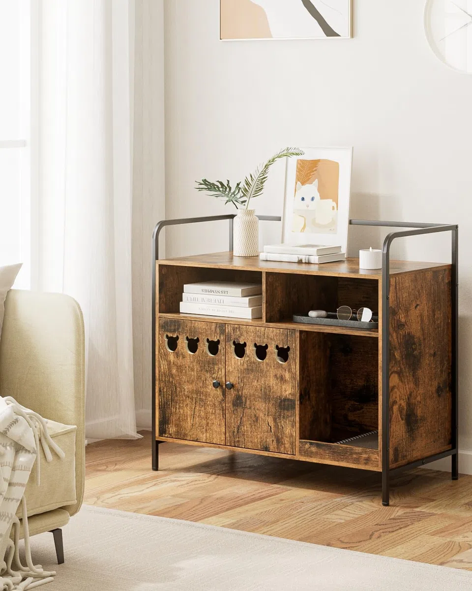 Caja de Arena para Gatos, casa para Interiores, Moderna Caja de Basura de Medio Century, Muebles Ocultos con Alfombrilla para rascar