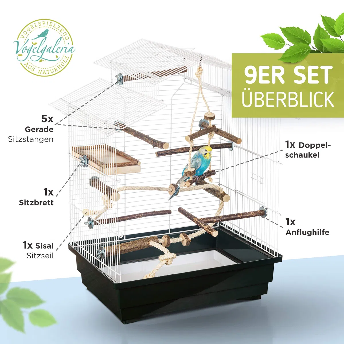 Juego de Jaula básica de 10 Piezas con Perchas Naturales Columpio de pájaro, Asiento, Barra de sedimentación y Percha de Cuerda Jaula para Budgerigar, Cockatiel | Accesorios para Jaula de pájaros