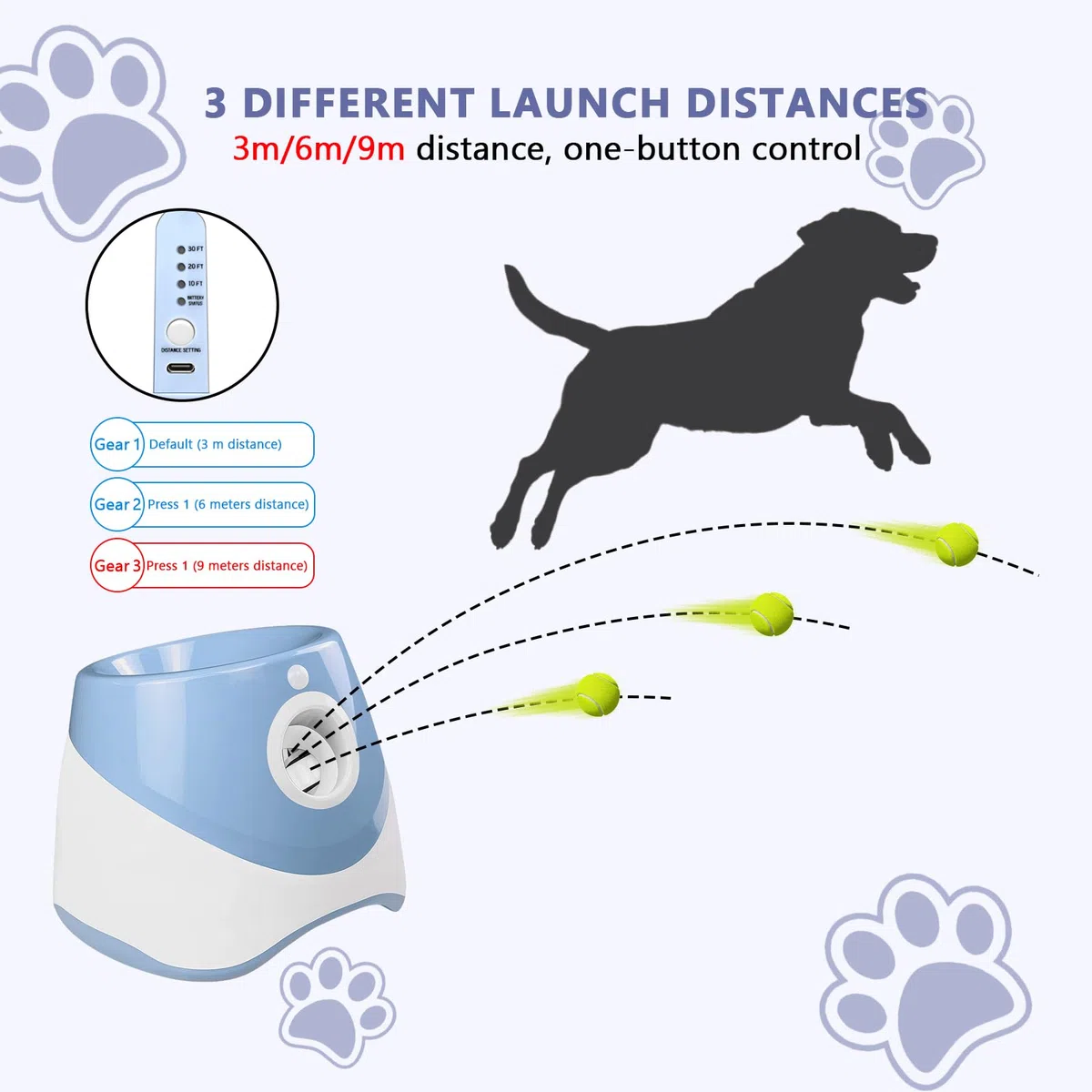 Máquina de lanzamiento de bolas para perros, máquina automática para lanzar bolas con 6 pelotas de tenis, juguete para perros, lanzador de pelotas, 3 distancia de lanzamiento intermedio, juguete