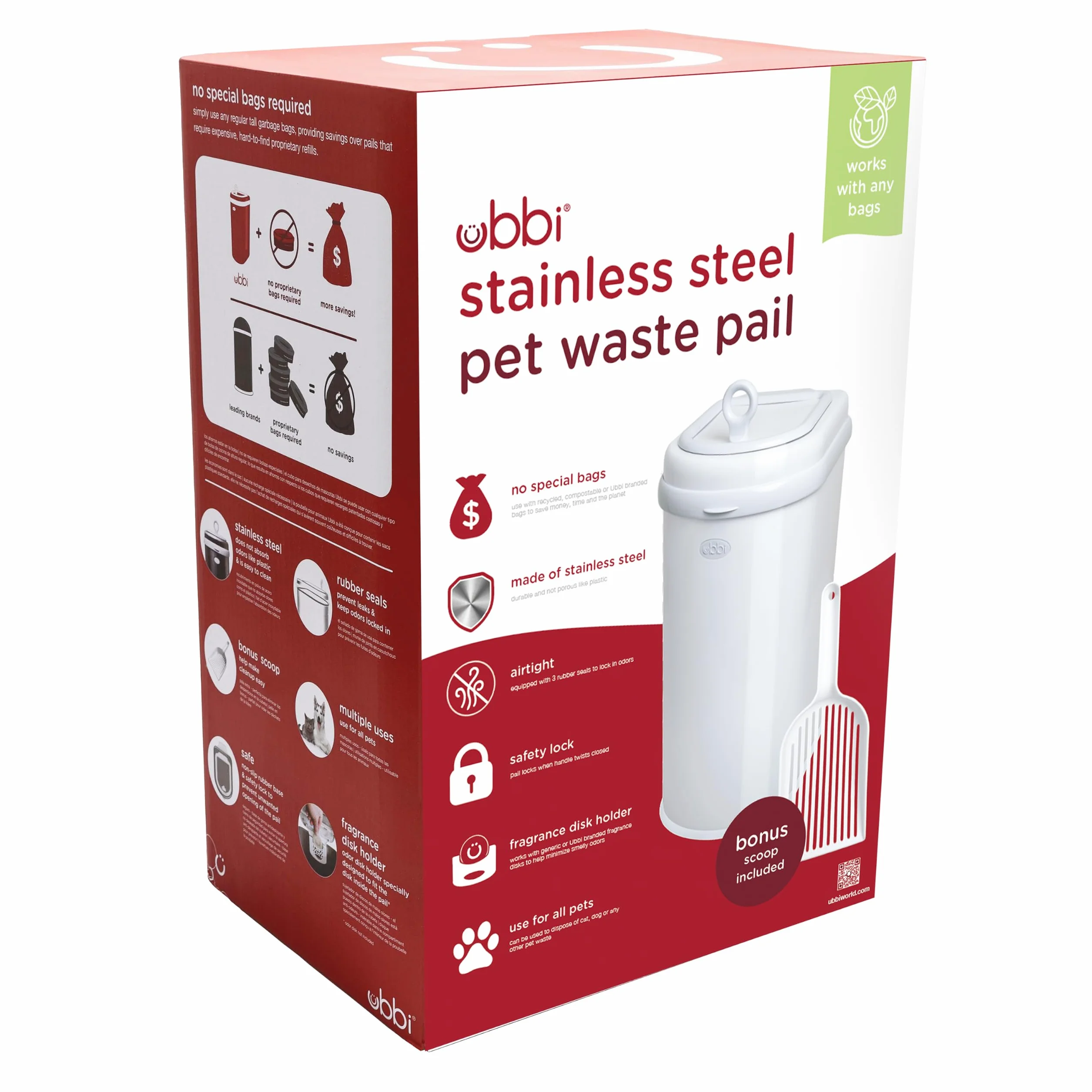Ubbi Cubo de residuos para mascotas, sistema de eliminación de arena para gatos, bloqueo de olores, color blanco