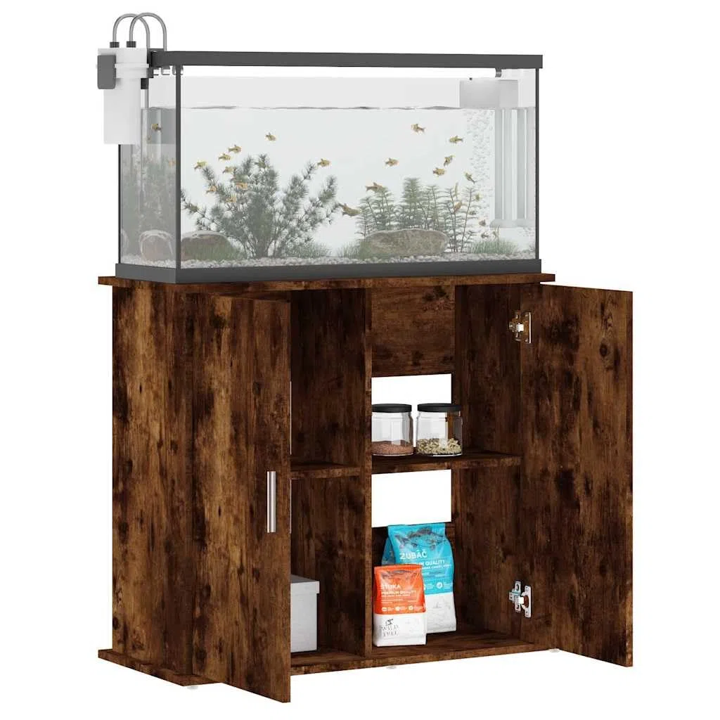 Soporte para acuario, madera de roble ahumado, 81 x 36 x 73 cm, con espacio de almacenamiento y puertas, armario inferior estable para acuario, estantería y almacenamiento de accesorios en el