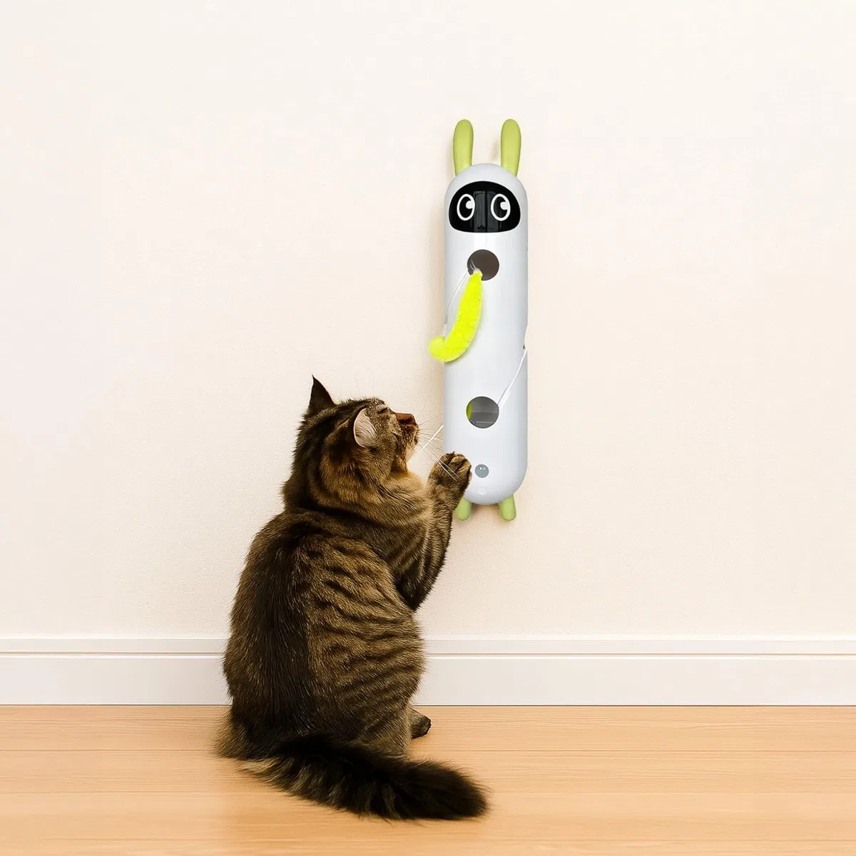 Juguete automático de cola esponjosa de ABS, juguete interactivo de plumas de gato con gusano de felpa, diseño de conejo, ventosa doble, carga por USB, juguete de larga duración para gatos de interior