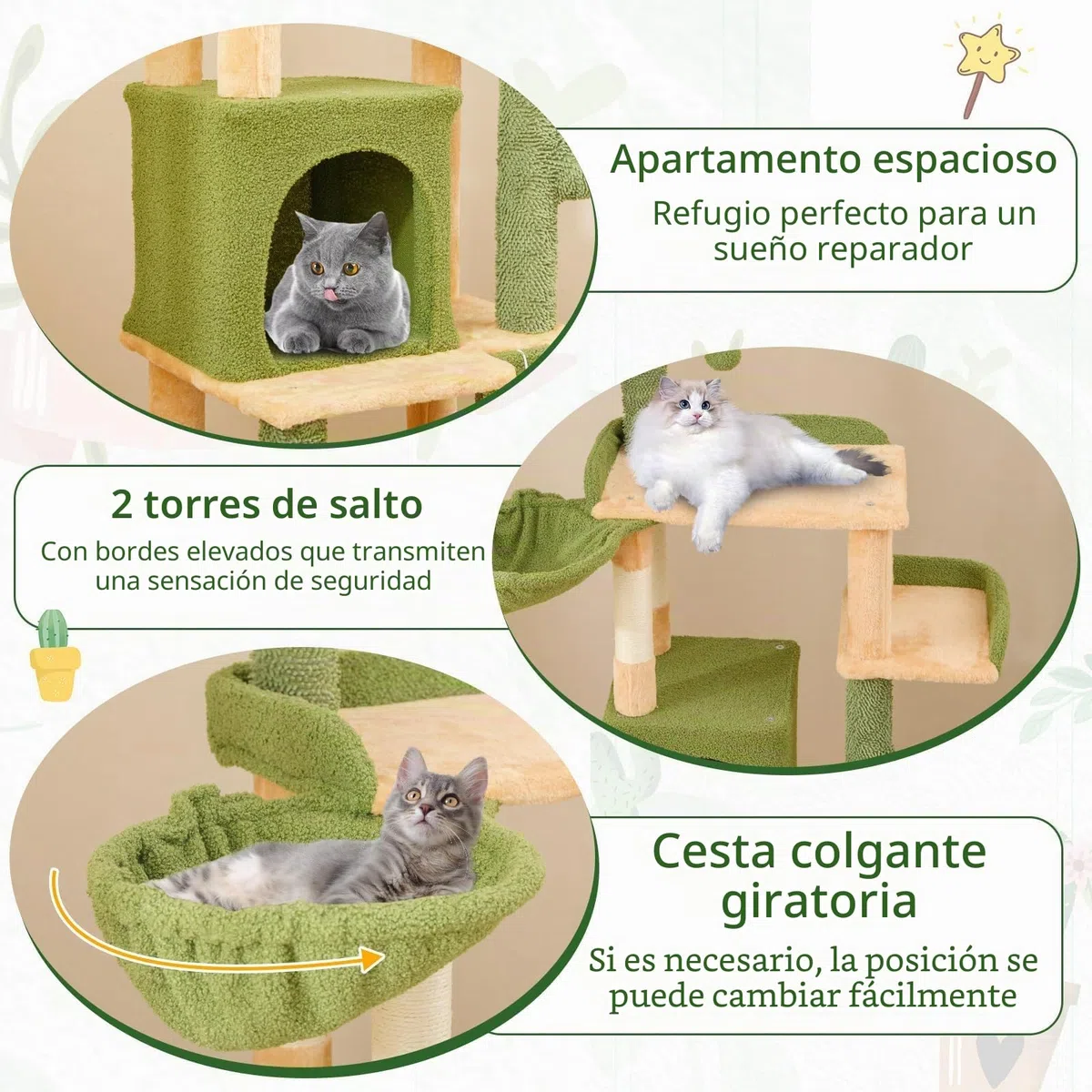 COSTWAY Rascador de Cactus, 160 cm, árbol para Gatos con Cueva para Gatos, Plataformas, Poste de sisal, Cesta, Tabla para rascar y Juguetes, Muebles para Gatos, Muebles para Gatos, árbol de Madera