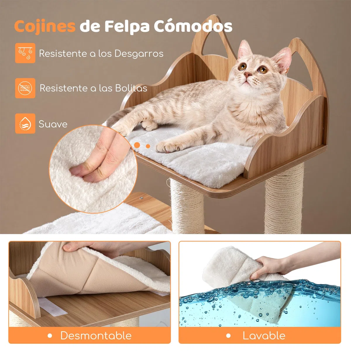 COSTWAY Árbol Rascador para Gatos de Madera, 122 cm de Altura, Torre para Gatos con Condo de 2 Pisos, Postes de Sisal, 3 Plataformas Anchos con Cojines Desmontables, Mueble Auxiliar Moderno Gatitos