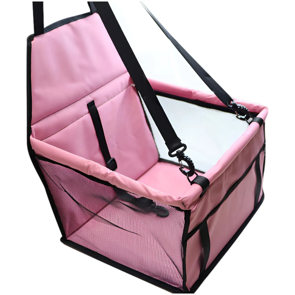 Asiento de coche rosa para perro, 16.1 x 32 x 10.6 pulgadas, asiento elevador para mascotas con correa de seguridad, varillas de apoyo gruesas, PVC de poliéster de larga duración, lados de malla