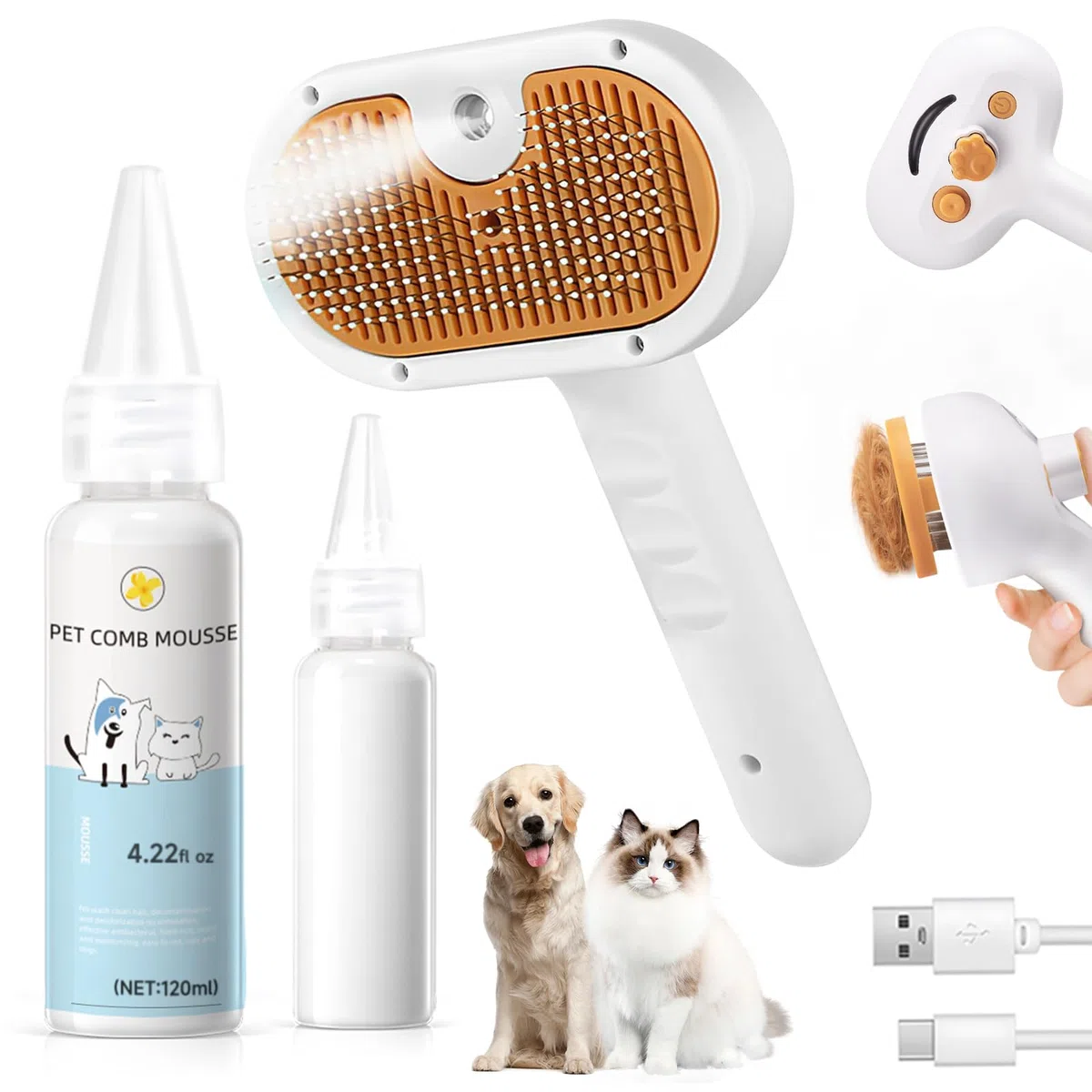 Cepillo de vapor para mascotas para perros y gatos, peine de depilación en aerosol 3 en 1, vapor para desprendimiento y aseo, cepillo de agua para mascotas de pelo largo y corto, peine Spritz Defur