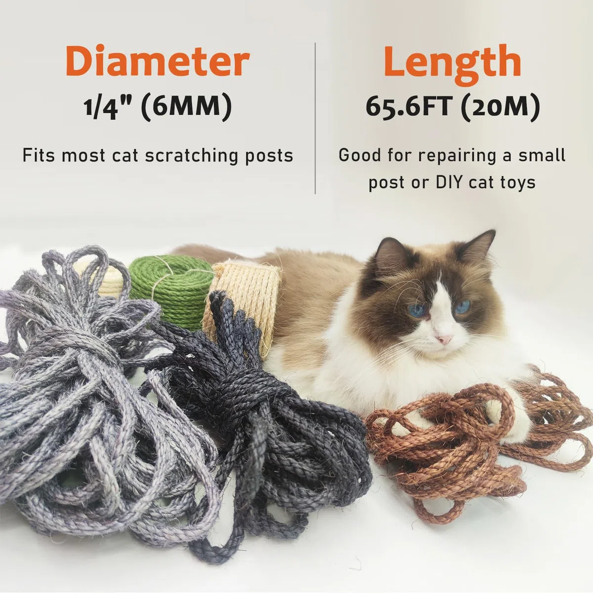 Cuerda de sisal natural para rascador de gatos, cuerda de repuesto para rascador de gatos, 1/4 pulgadas y 66 pies, color gris plateado