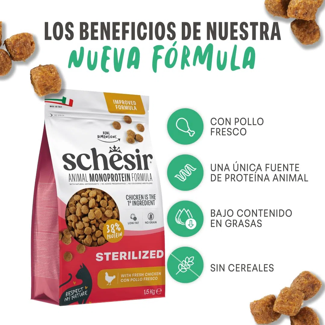 Schesir Animal Monoprotein Sterilized, Croquetas para Gatos Adultos Esterilizados, Alimento Seco Monoproteico Completo, Sabor Pollo, 10 kg