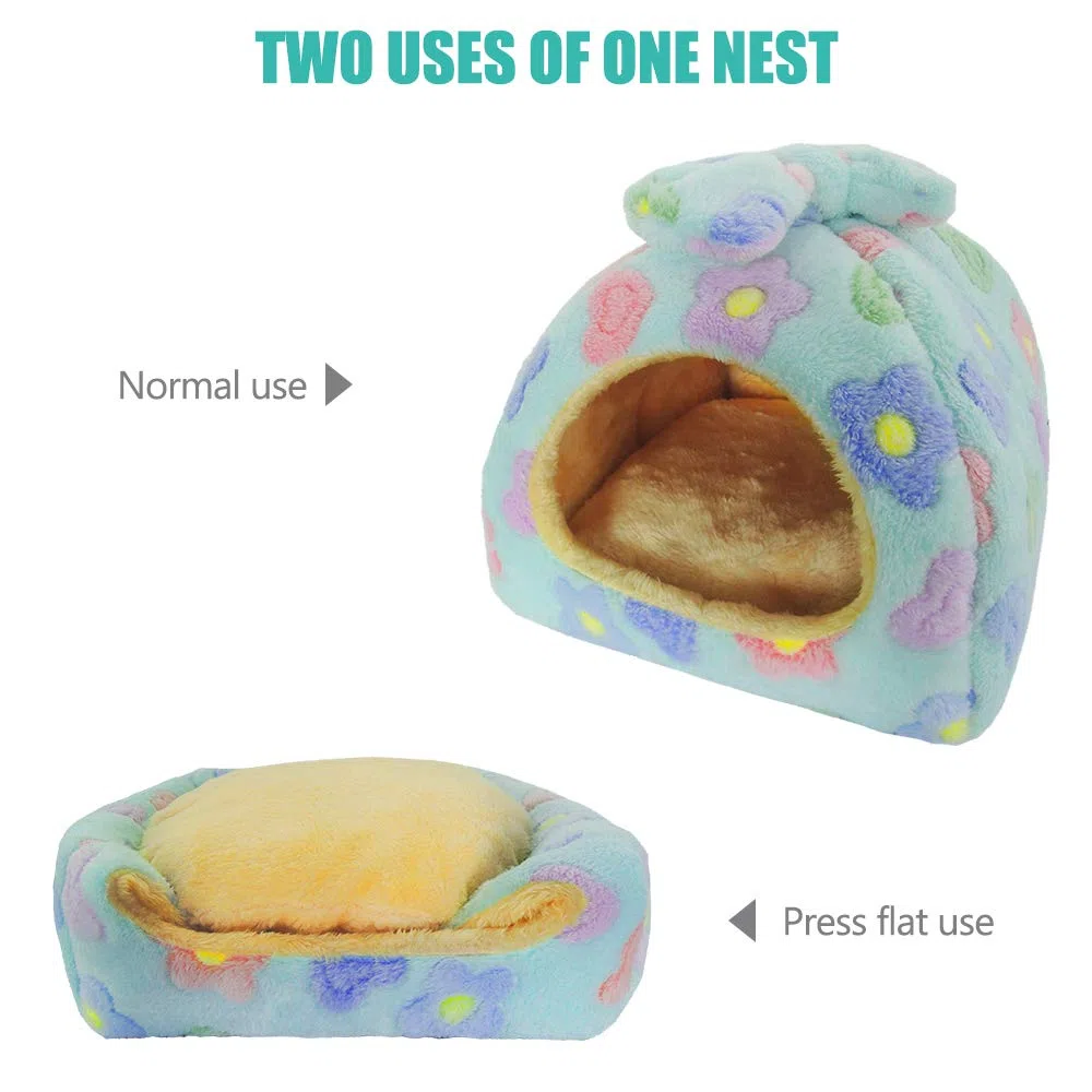 HOMEYA Cama para mascotas pequeñas, nido de hábitat para conejillo de indias, hámster, erizo, rata, chinchilla, escondite, saco de dormir, accesorios de jaula con alfombrilla extraíble lavable (azul)