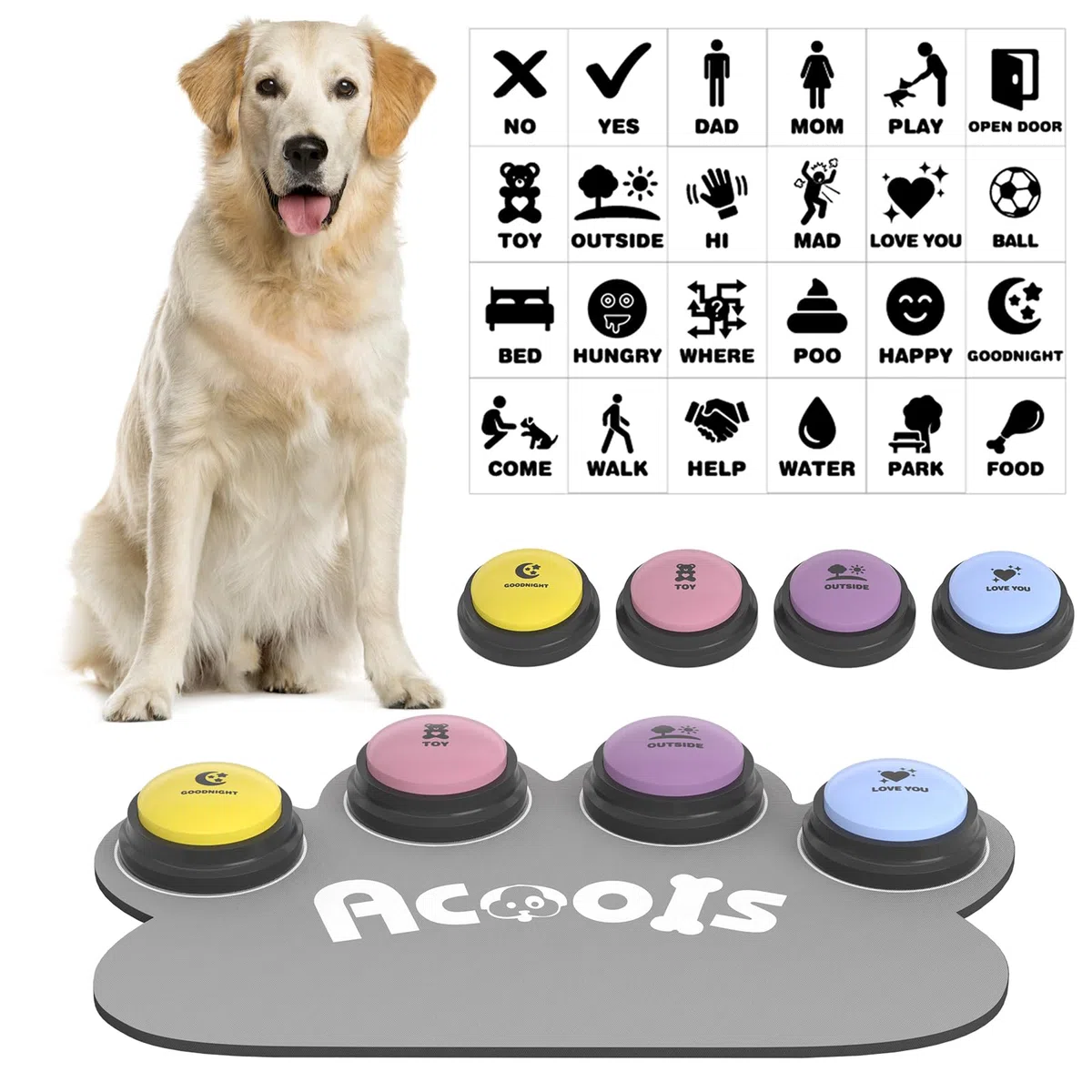 Juego de 4 botones parlantes para perros, botones de perro para comunicación, botones de entrenamiento de voz grabables de 30 segundos, botón de conversación para perros con botones antideslizantes