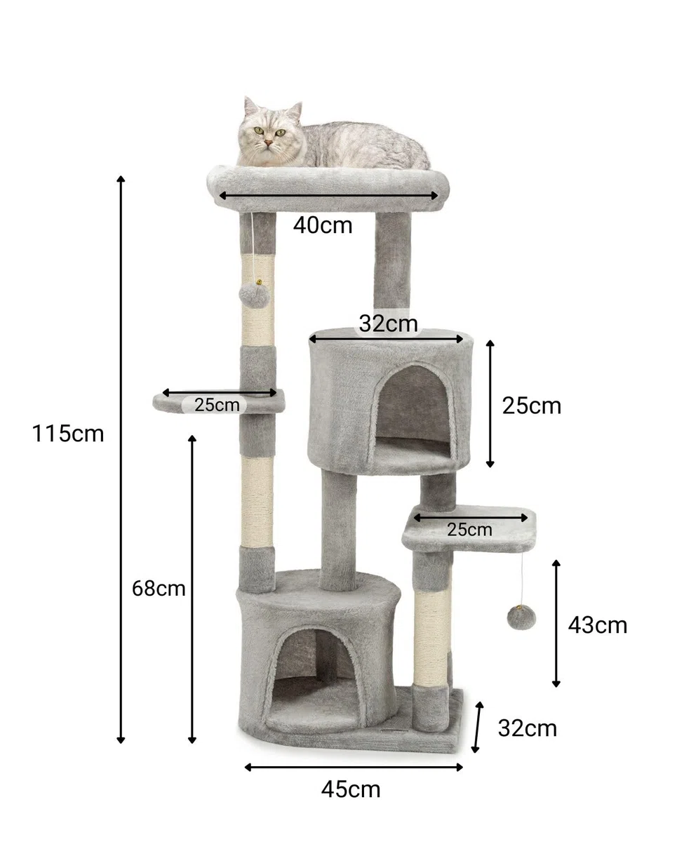 lionto Árbol rascador para Gatos con Pelotas de Juego de sisal y 115 cm de Altura, Gris Claro