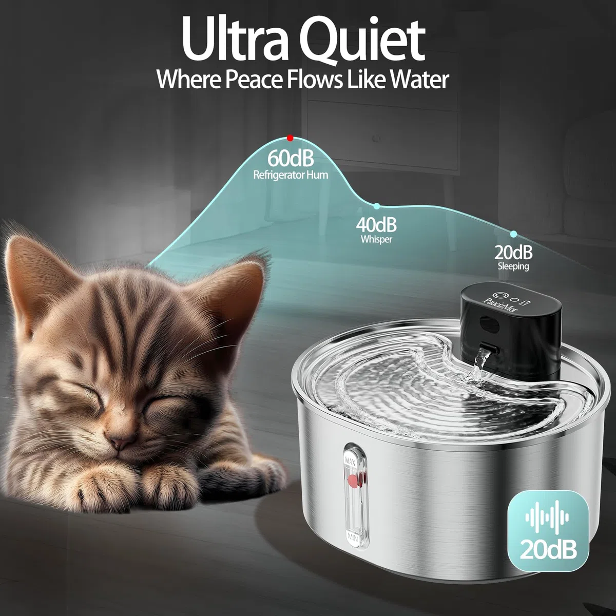Fuente de agua para gatos sin bomba de acero inoxidable que funciona con pilas, fuente de agua inalámbrica para mascotas, dispensador automático inalámbrico con 2 filtros de repuesto para