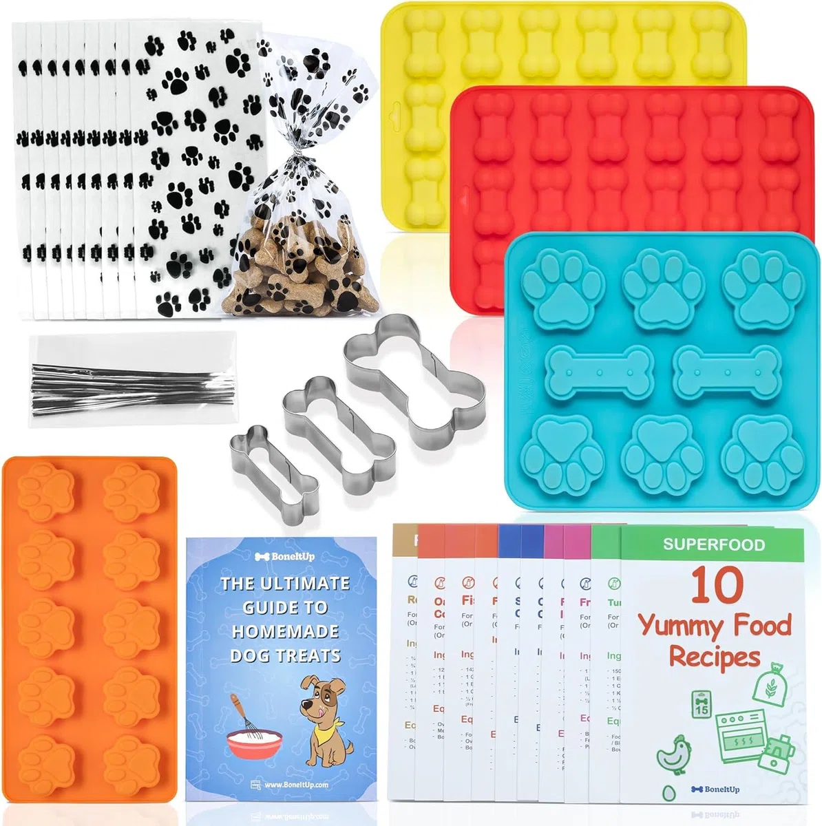 BoneItUp Juego de golosinas caseras para perros, moldes de silicona, cortadores de galletas con recetas saludables aprobadas por veterinarios, golosinas para cachorros con patas y huesos, bandejas de