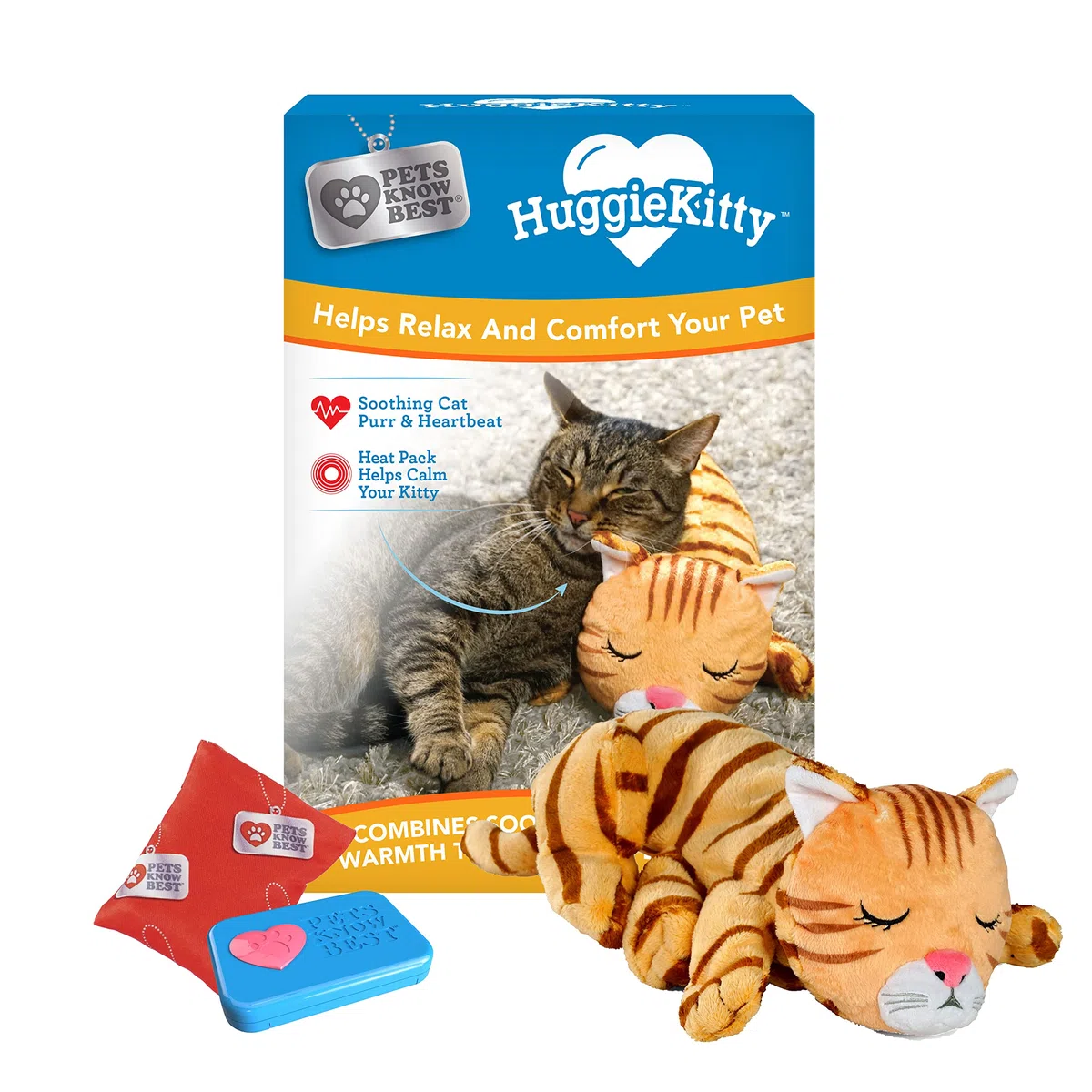 Pets Know Best HuggieKitty - Juguete de Peluche para Gatos, Sonido Relajante y Calidez Que Ayuda a relajar y reconfortar a tu Mascota, ronroneo y Latido del corazón, Paquete de calefacción, Naranja