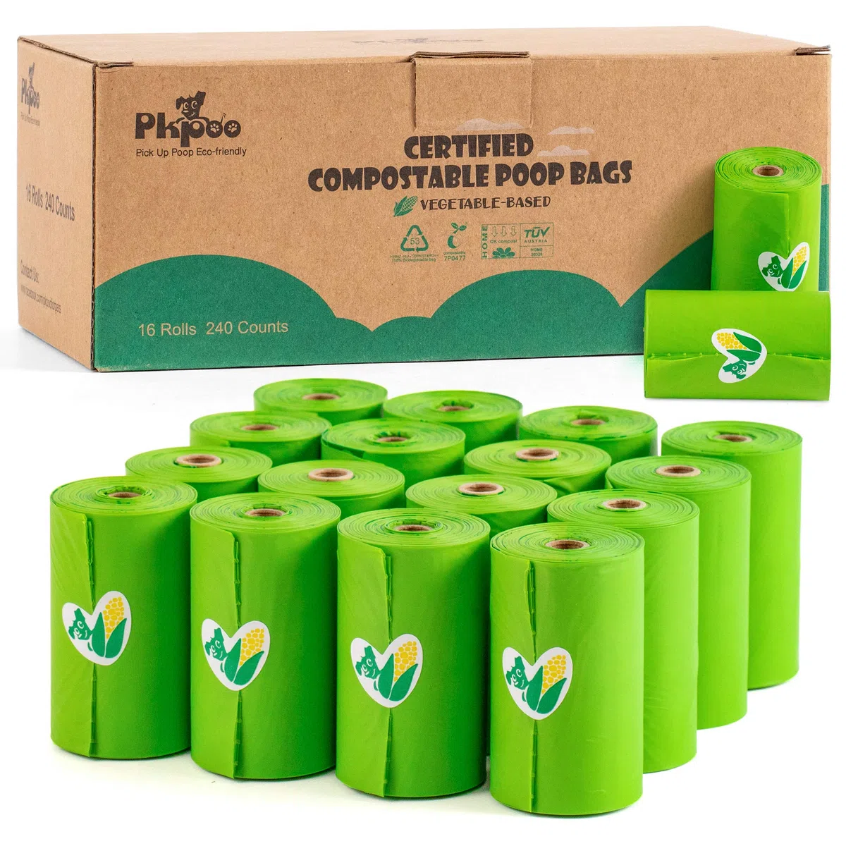 Bolsas para excrementos compostables certificadas, bolsas para excrementos a base de plantas para perros, bolsas de basura sin perfume – a base de vegetales, extra gruesas con 100% a prueba de fugas