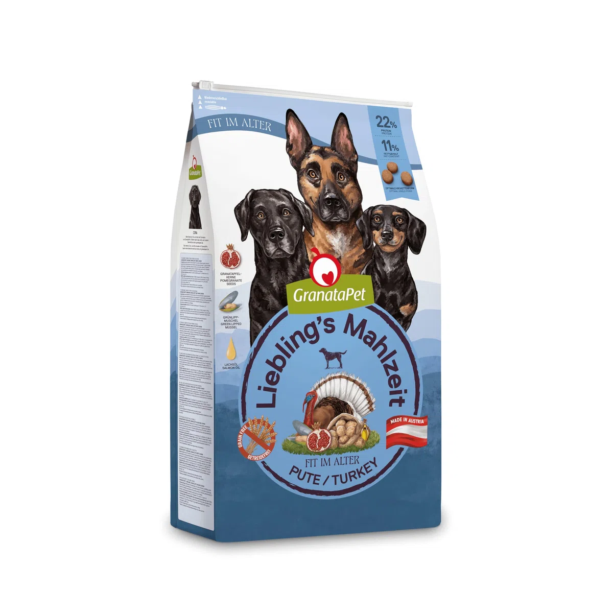 GranataPet Comida Favorita de Pavo Senior, Comida Seca para Perros, Comida para Perros sin Cereales y sin azúcares, pienso Completo, 10 kg | Alimento completo, sin cereales, sin azúcares añadidos, aceite de salmón y mejillón de labios verdes, fabricado en