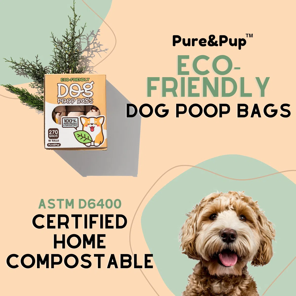 Pure & Pup Bolsas compostables para excremento de perro, 270 unidades, compatibles con ASTMD6400 y EN13432, bolsas de residuos de mascotas a base de plantas, extra fuertes y a prueba de fugas, 18