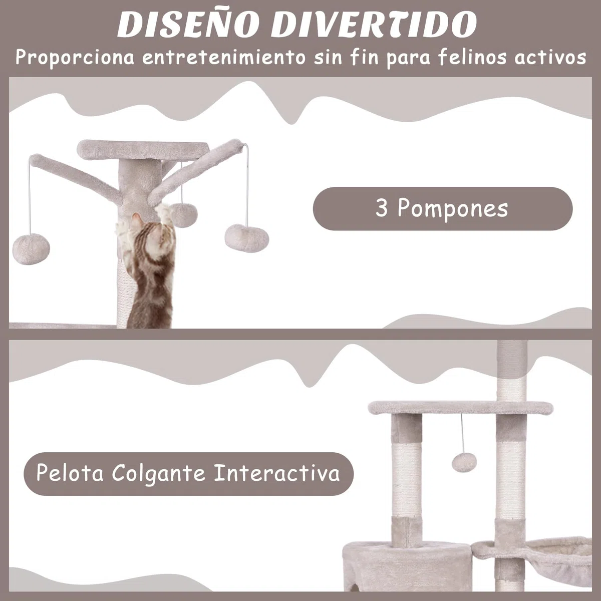 COSTWAY Árbol Rascado para Gatos de 140 cm de Altura, Torre Multinivel para Gatos con Postes de Sisal, Plataformas, Nido, Hamaca, Escalera y Bola, Centro de Actividades para Gatos de Interior, Beige
