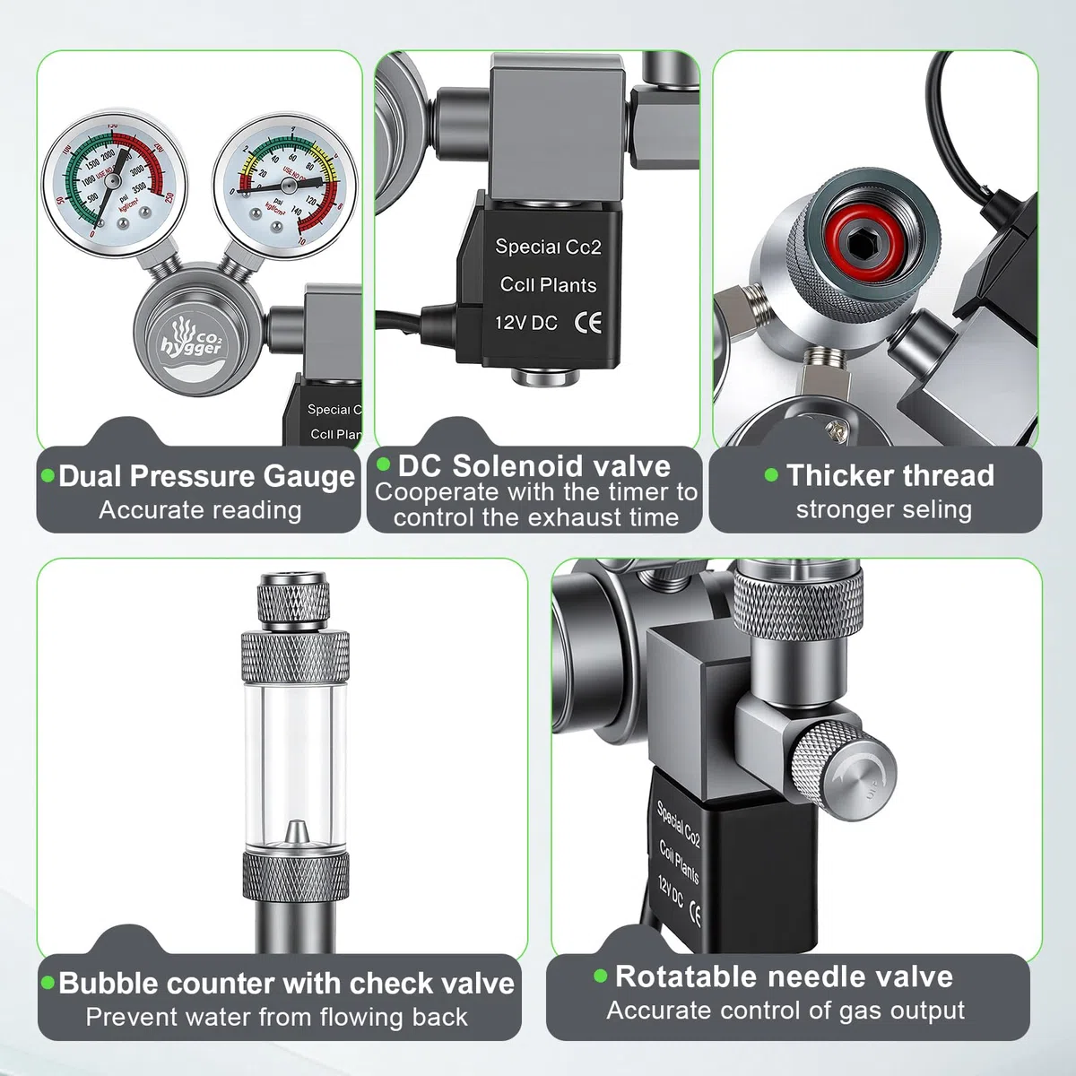 Regulador co2 Acuario DC Solenoide,co2 Regulator para Acuario Calibre Doble | Display preciso doble calibre, contador burbujas con válvula retención, Válvula aguja giratoria control preciso la salida gas