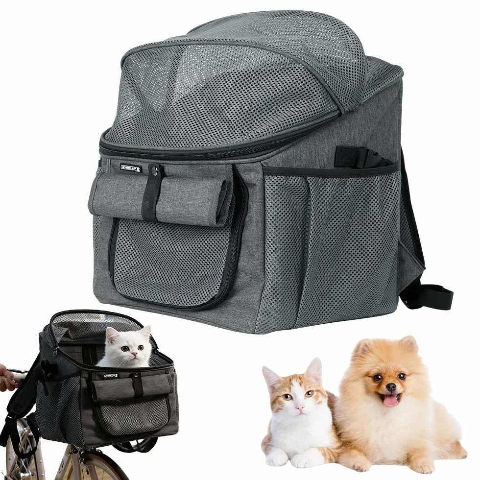 Cesta Bicicleta Delantera para Perro, NAVESO 2 en 1 Cesta Bici con Adaptador para Manillar, Multiusos Plegable Canasta de Bicicleta de hasta 5 kg para Mascotas Pequeñas y Medianas