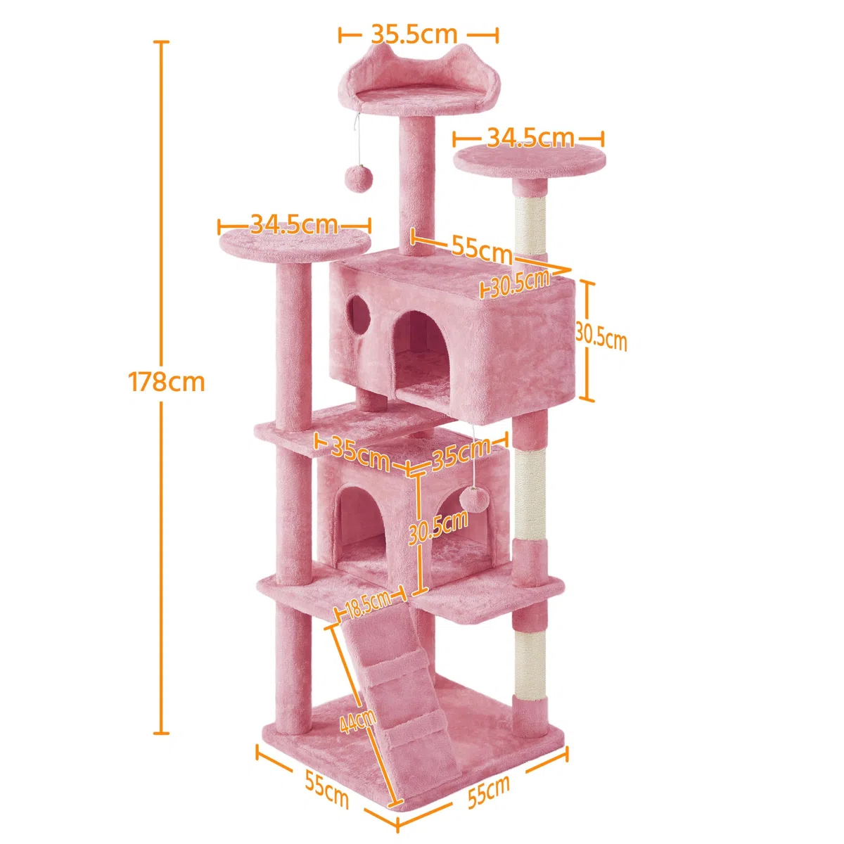 Yaheetech Árbol rascador Grande, 178 cm de Alto, árbol rascador para Gatos, Estable con 3 Plataformas, 3 columnas para rascar, 2 Cuevas, Bolas de Peluche, Muebles para Gatos, Color Rosa