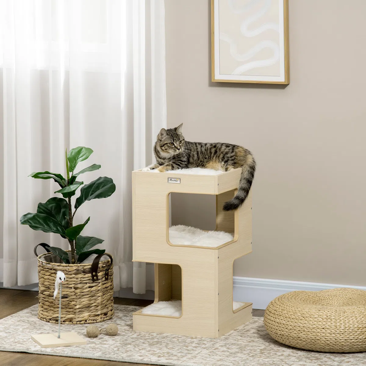 PawHut Cueva para Gatos, Armario para Gatos de 3 Niveles con Cojines, cabaña para Gatos, casa para Gatos con Juguete Falso de ratón, Muebles para Gatos, Interior, Roble, 34 x 34 x 60 cm | Cama para gatos, tienda de campaña, casa para mascotas