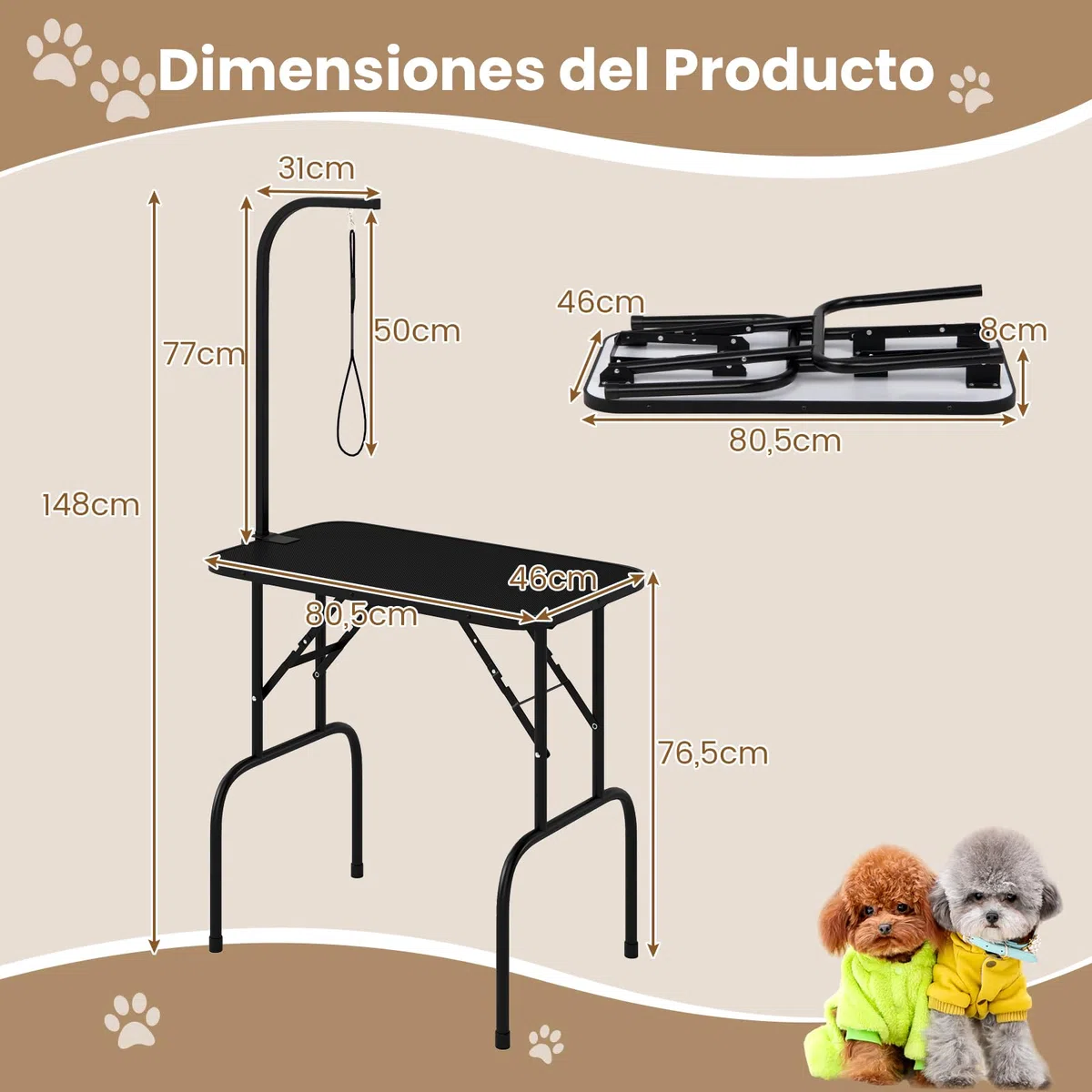 COSTWAY Mesa de Aseo para Mascotas, Mesa Plegable con Brazo Ajustable en Altura y Lazo, Superficie Antideslizante e Impermeable, Ideal para Perros y Gatos Pequeños y Medianos, Negro