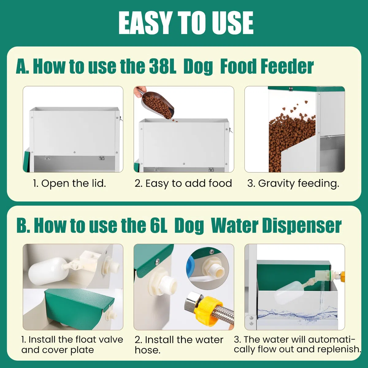 2 en 1 Dispensador Automático de Comida y Agua para Perros 38L Dispensador Automático de Comida para Perros de Raza Grande Dispensador de Agua para Perros al Aire Libre Alimentador de Gravedad