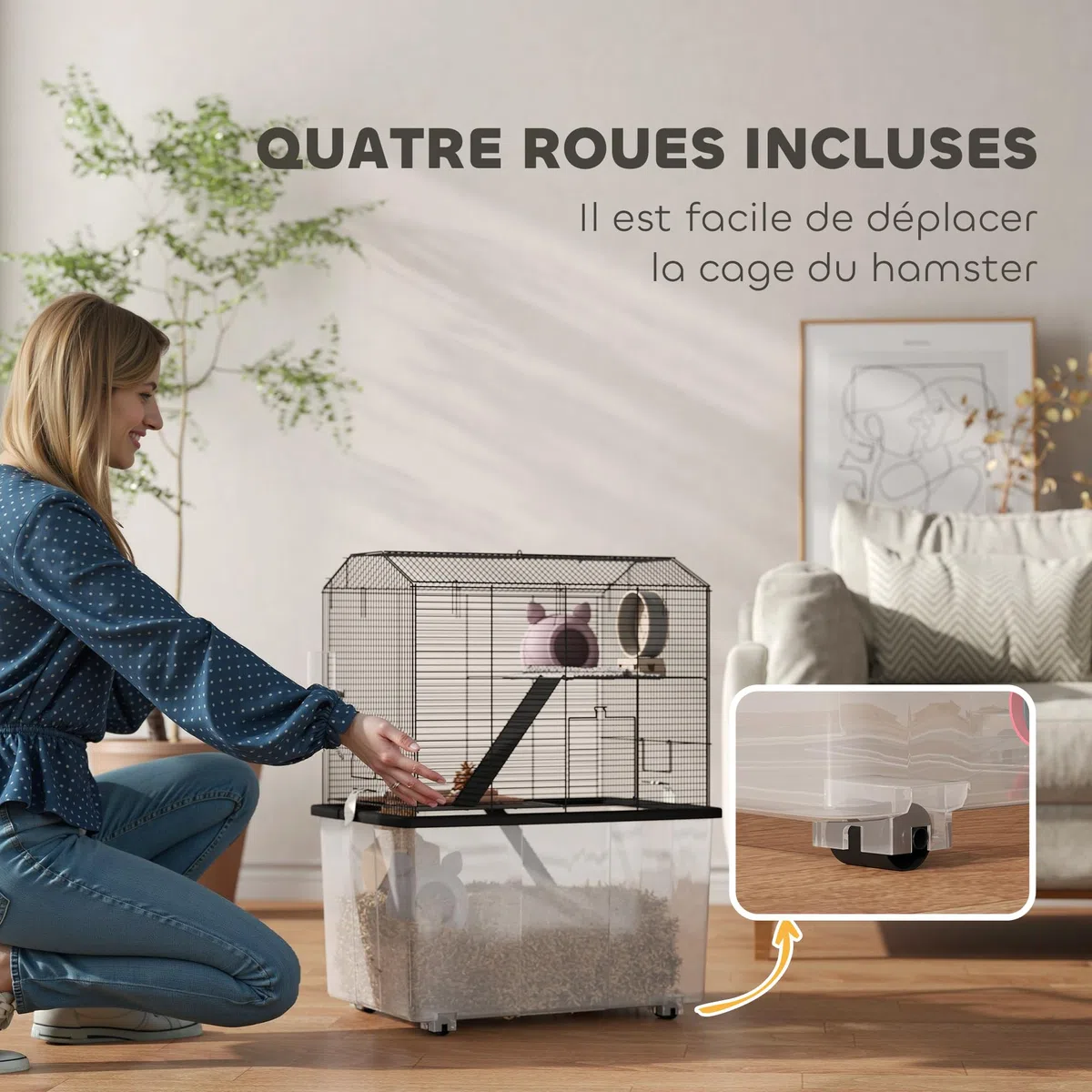 PawHut Cage Hamster, jaula roedor, 3 pisos, con ruedas, 2 plataformas y 2 escalera, C, alambre de acero, 57 x 43 x 74 cm, negro
