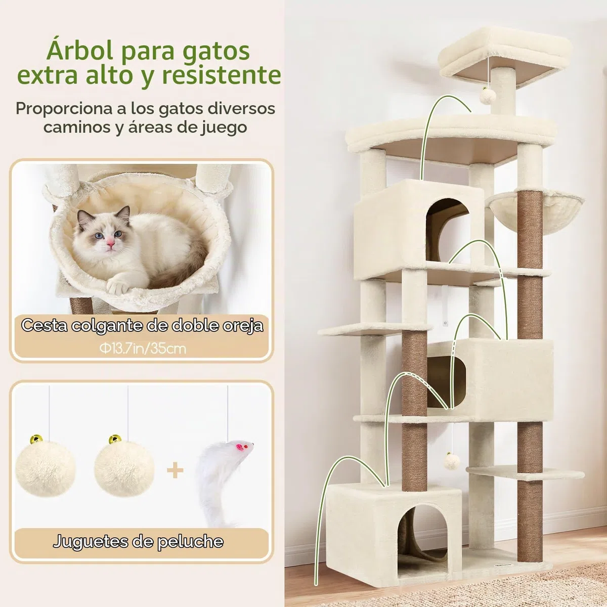 Globlazer Árbol Rascador para Gatos Beige XXL 203 cm Alto con 3 Grande Nidos 45*30*30CM, Extragrande Plataforma, Cesta, Juguetes, Estable Rascador para 4-6 Gatos Adultos Jugar Interior (S80, Beige)