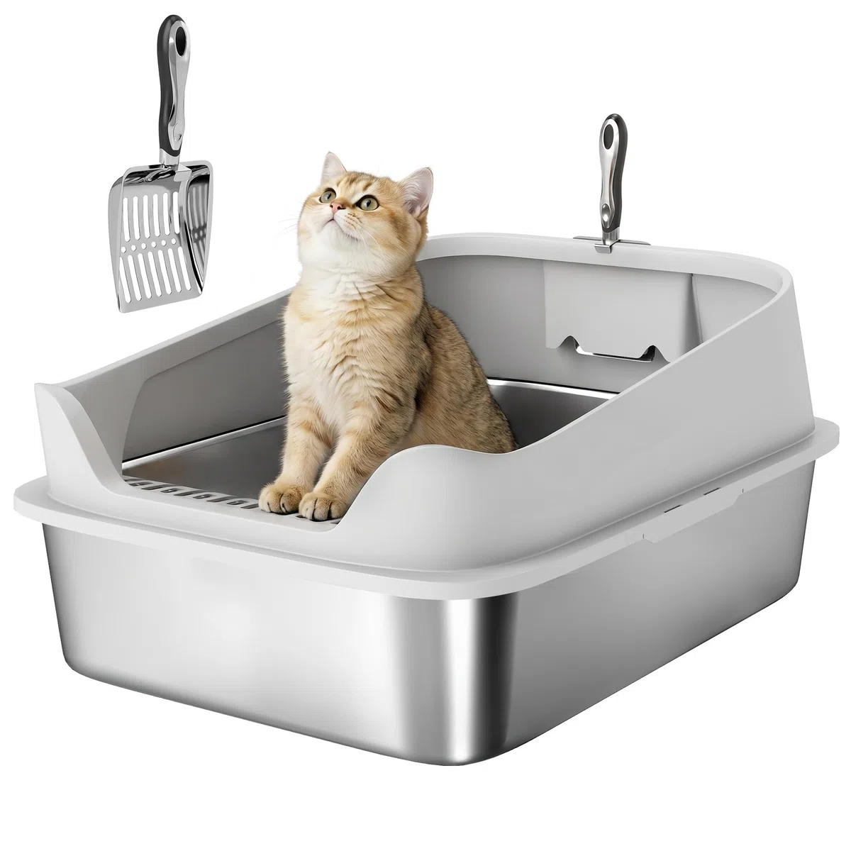 PawHut Arenero para Gatos de Acero Inoxidable XXL 69,8x50,3x29,8 cm Gris | Caja de Arena para Gatos, Arenero con Borde Alto, Pala Metálica, Fácil de Limpiar, Prueba de Fugas