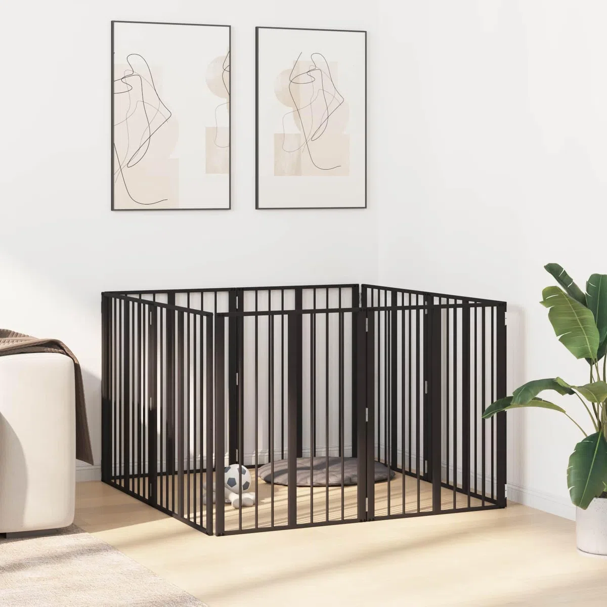 Portería para perros, 8 unidades, color negro, 60 x 80 cm, acero galvanizado, plegable y portátil, rejilla de metal para cachorros y perros, protección segura en casa, jardín o terraza