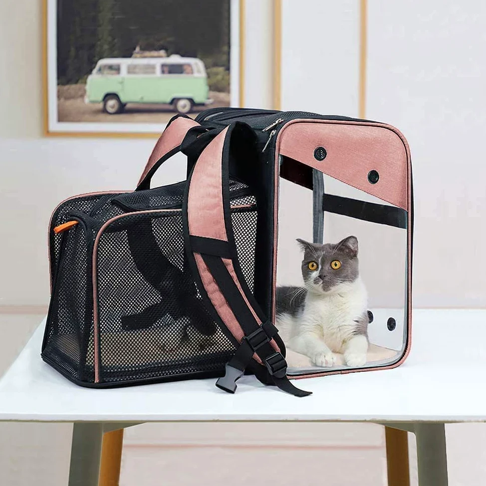 Portador de Mascota Mochila Extensible para Perro Gato 10kg, Bolsa Transporte para Viaje, Transparente Plegable Transpirable y Espaciosa con Cojín de Felpa, Transportín Aprobada por Aerolínea (Rosa)
