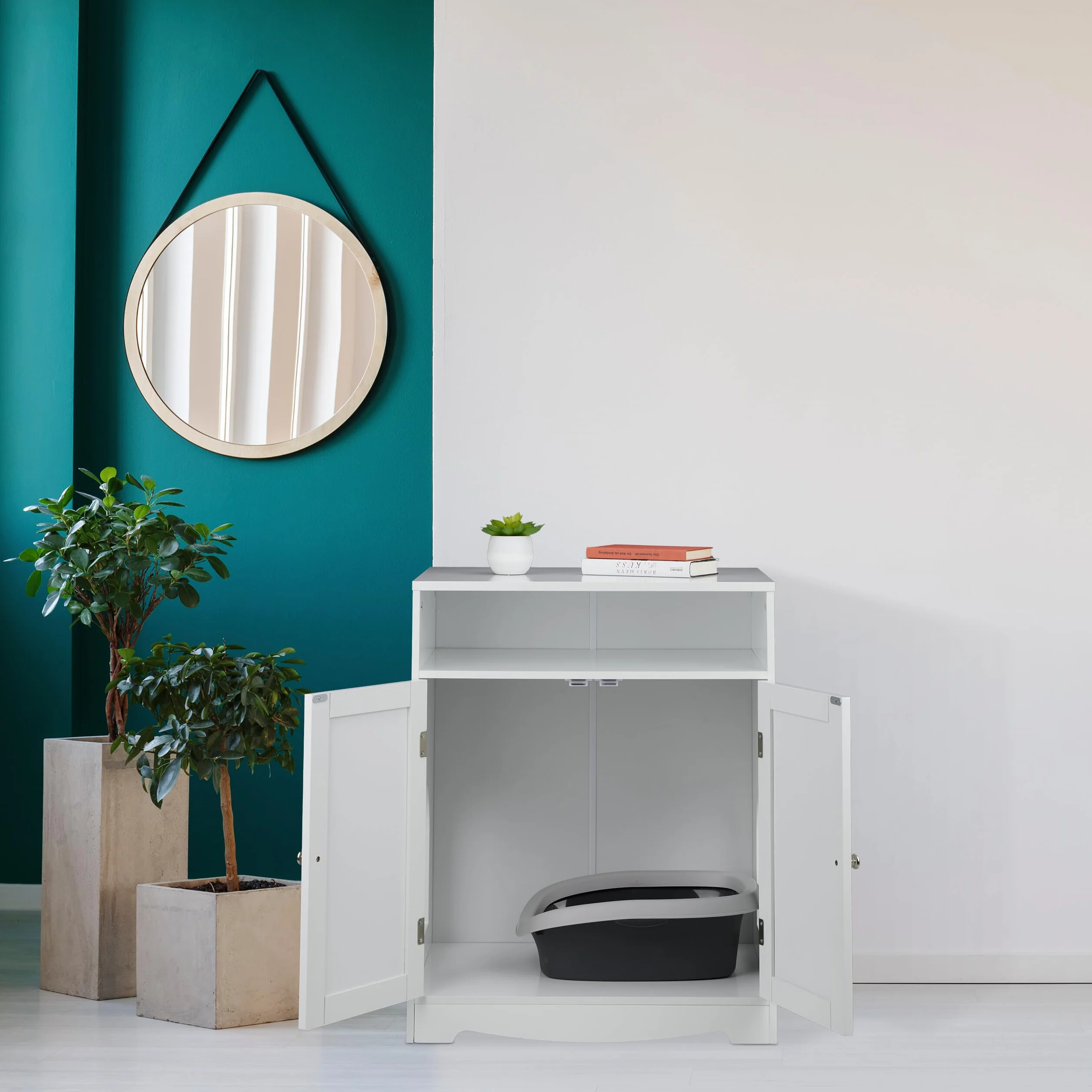 Relaxdays Mueble Arenero de Gato, Armario con 2 Entradas, Compartimento Abierto, 73,5 x 60 x 43,5 cm, Refugio, Blanco