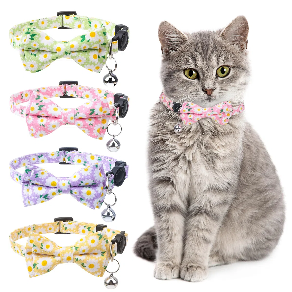 4 collares de gato separables con pajarita y campana, collar floral para gatito con pajarita extraíble, collares de seguridad ajustables para niñas y gatos