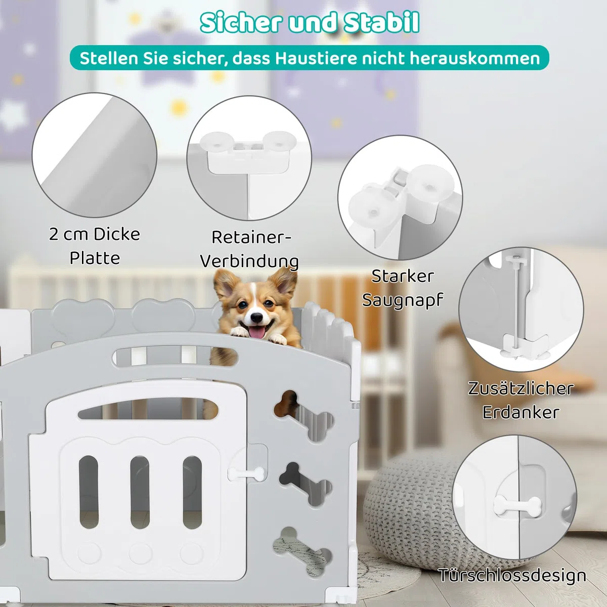 MAMIZO Parque para Perros de 60 cm Alto, Vallas Perros de 5+1 PCS Paneles | Corralito Gato de Plástico Plegable, con Ventosas y Anclajes al Suelo, Parque Conejo Interiores y Exteriores, Gris-Blanco