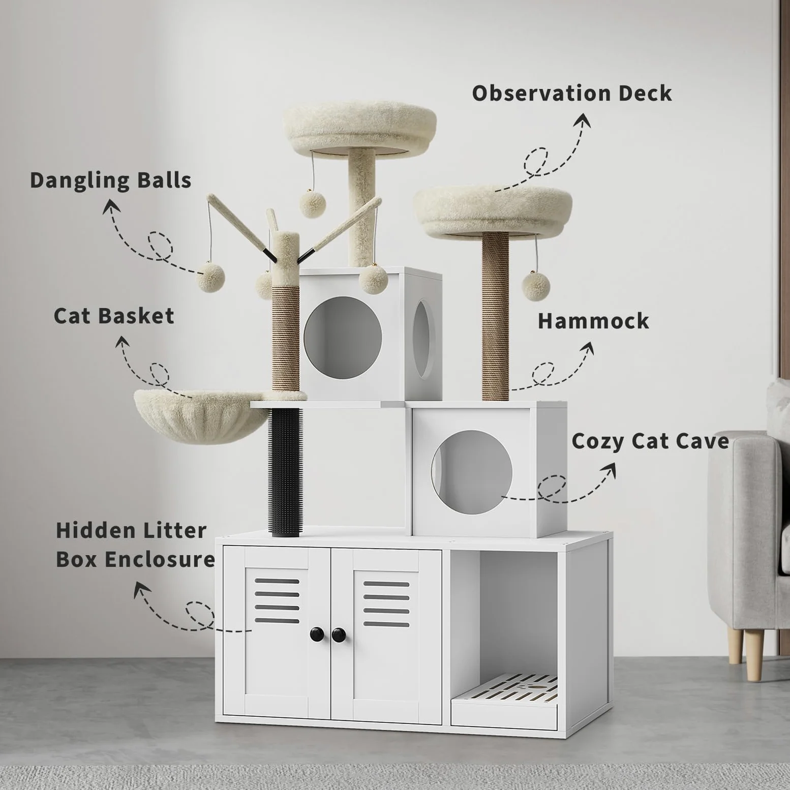 Árbol Rascador Grande Multifunción para Gatos – Cama Suave,Mueble con Caja De Arena Oculta y Múltiples Plataformas – Ideal para Hogares con Varios Gatos – Espacio Descansar y Jugar,140CM