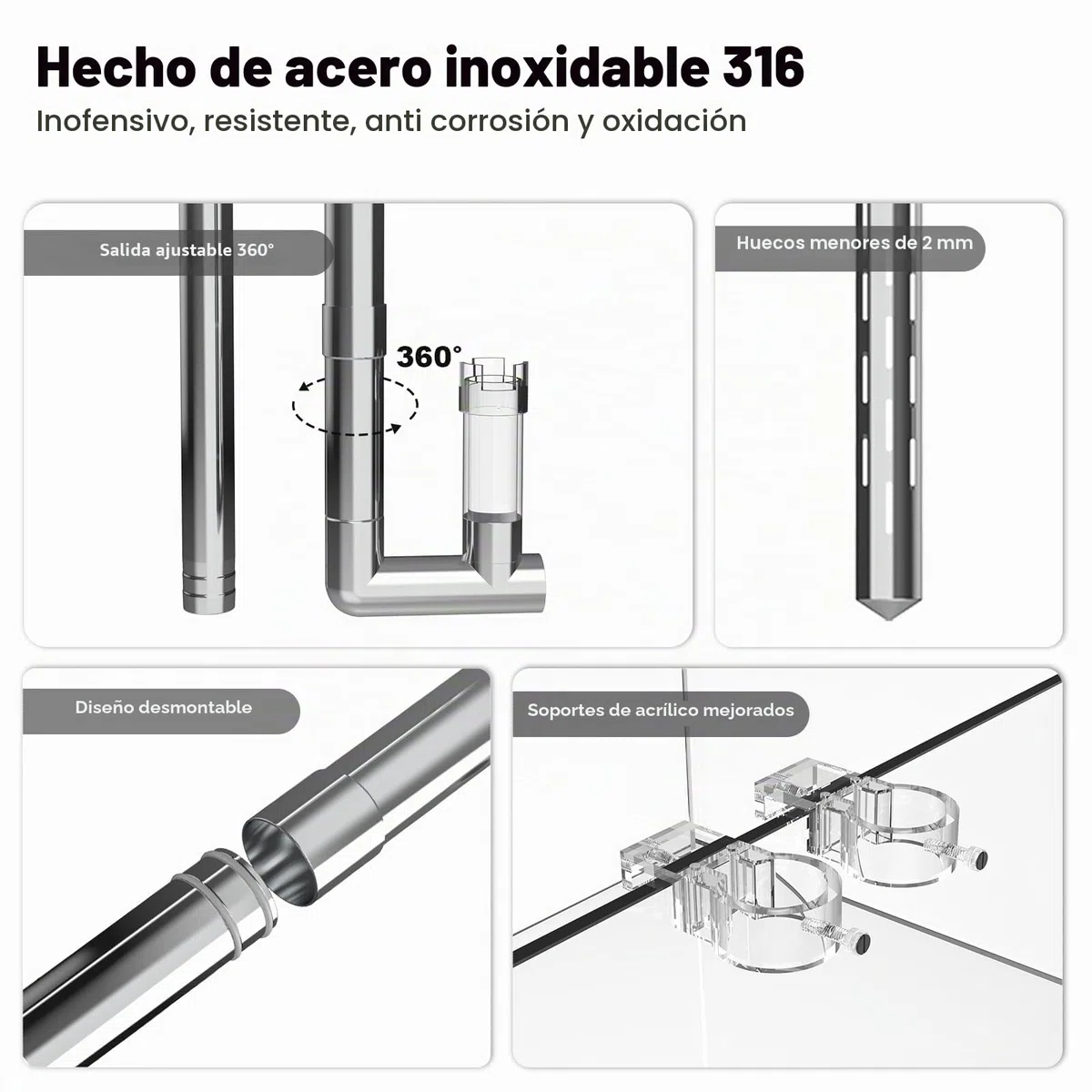FZONE Lily Pipes De Acero Inoxidable para Acuario, Salida Mejorada con Skimmer De Superficie Y Tubo De Extensión Desmontable 11 cm para Manguera 1/2" (12 mm) Entrada Y Salida
