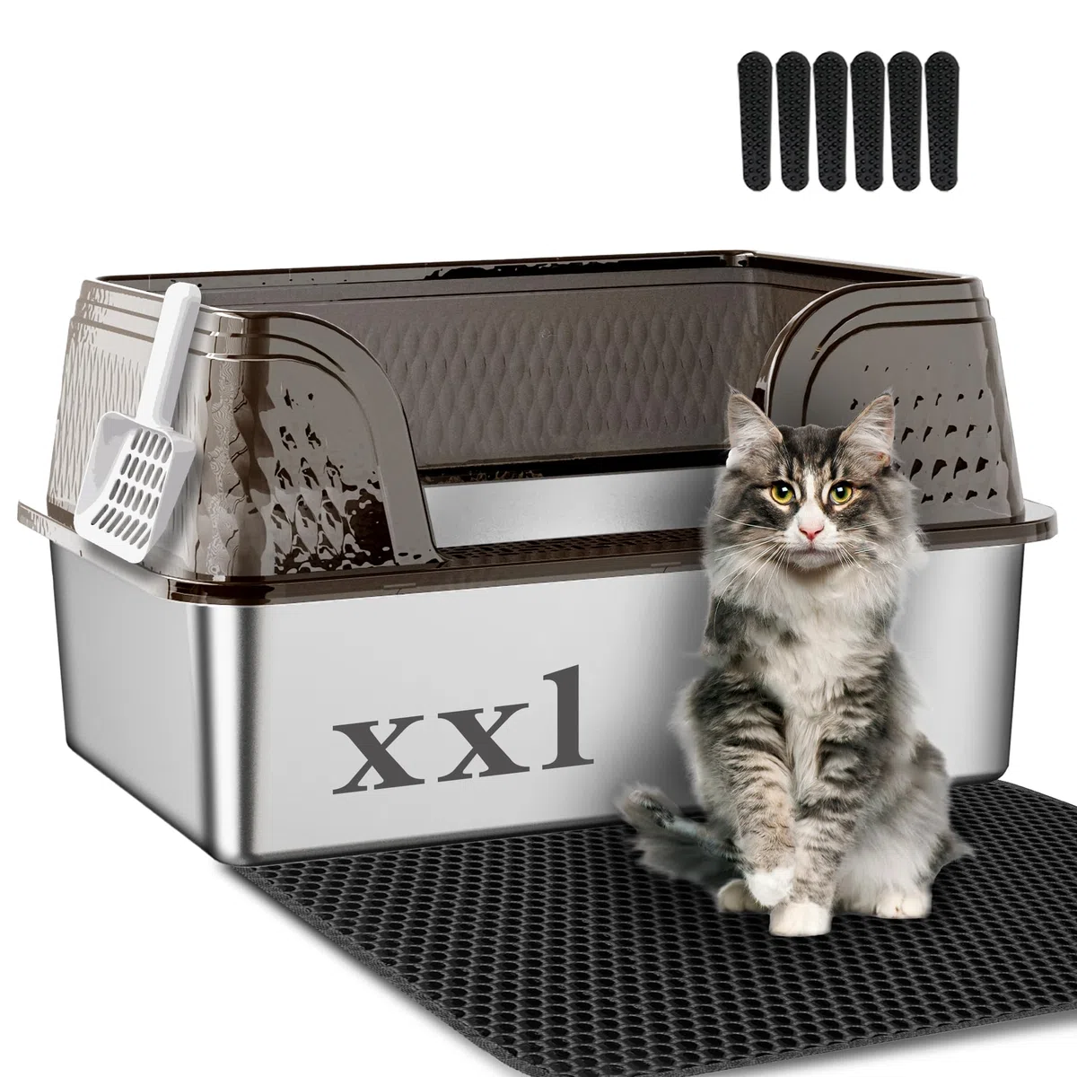 Suhaco Arenero para Gatos de Acero Inoxidable con Barrera (Negro XXL)