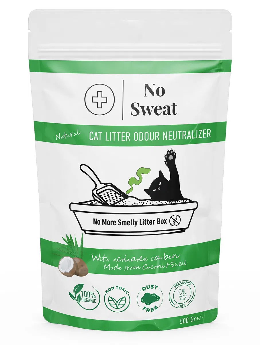 No Sweat Neutralizador de olores de carbón activado para gatos, hecho de cáscara de coco, todo natural, sin productos químicos, ingredientes tóxicos, sin perfume, apto para el planeta, paquete