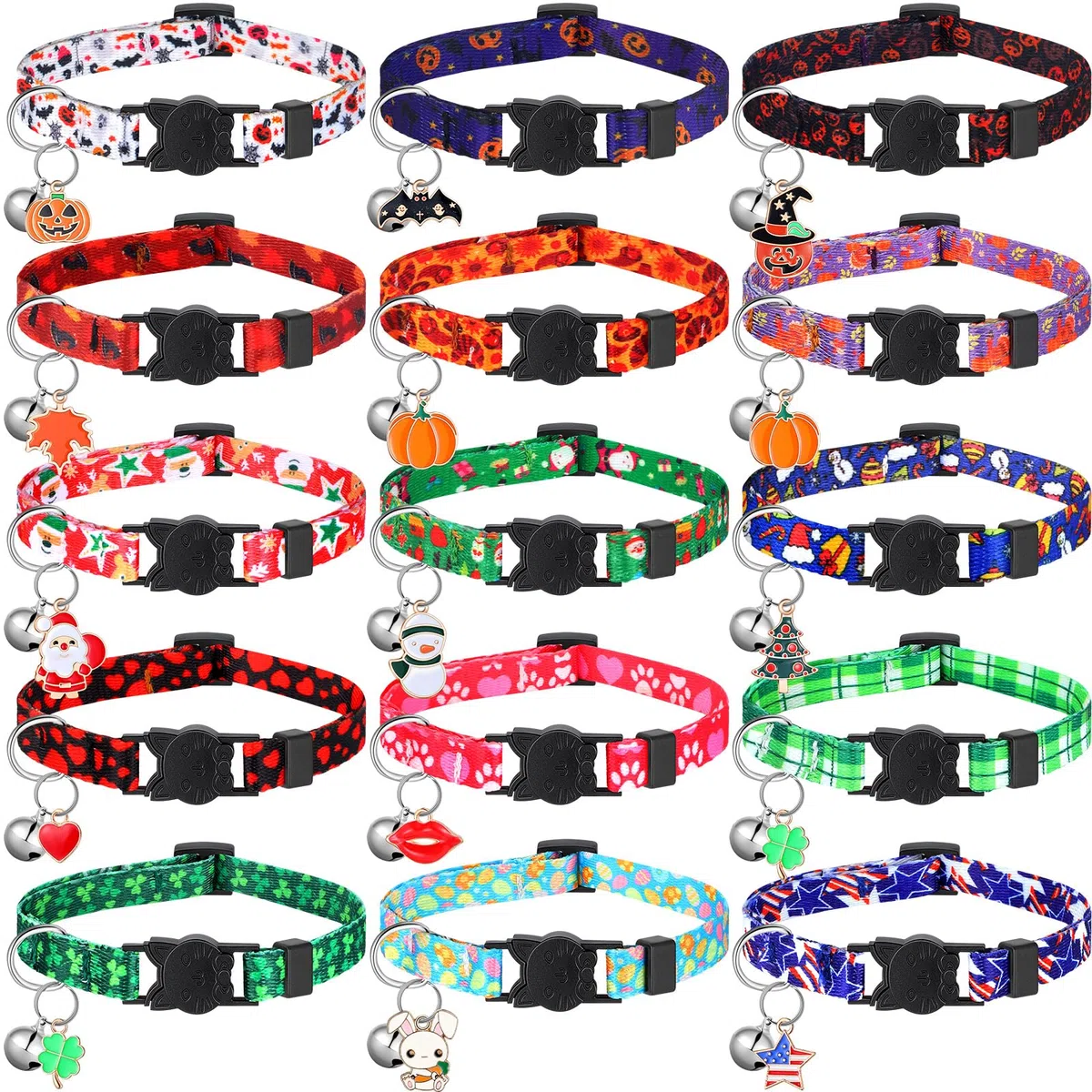 15 collares de gato para Halloween, collares de gato para otoño, Acción de Gracias, collares de gato con campana, collares ajustables para gatos de Navidad con hebilla de plástico, collar de gatito