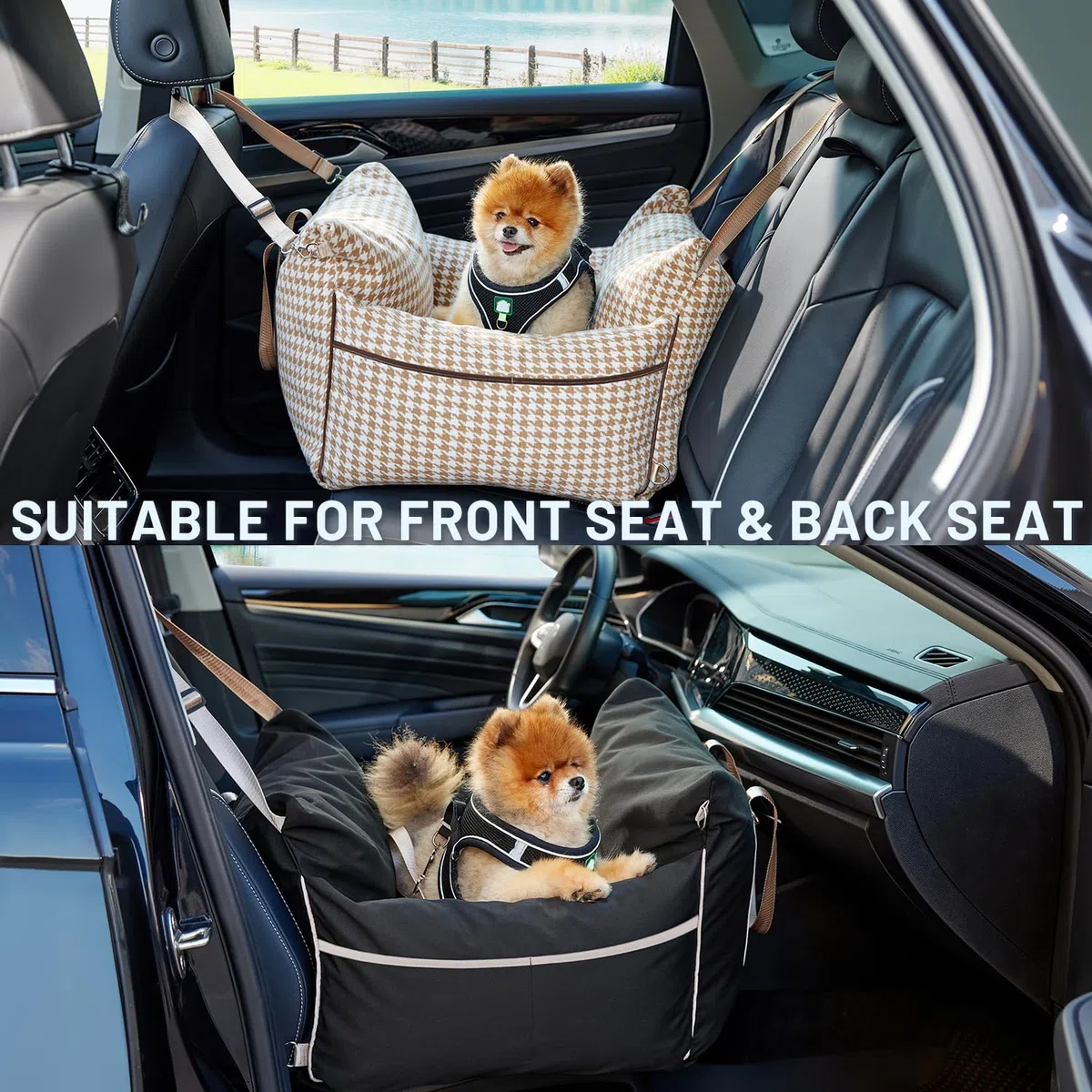 ZOMISIA Asiento de coche para perros pequeños, asiento elevador impermeable para mascotas para automóvil con correa de seguridad con clip, transportador de viaje suave para cachorros de hasta 25