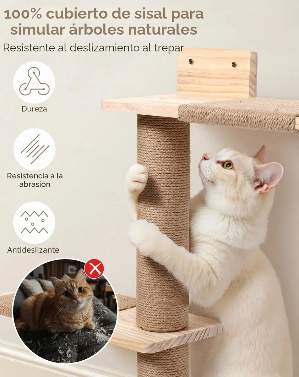 PawGiant Rascador de Pared para Gatos de 5 Niveles (213 cm), Árbol Torre de Escalada de Madera con Postes de Sisal y Plataformas, Mueble Vertical Ahorro de Espacio para Gatos Pequeños y Medianos