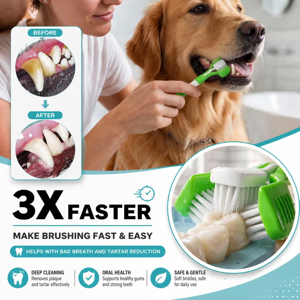 Dog Toothbrush, Finger Toothbrushes, 360 Degree Toothbrush, Triple Head Dog Toothbrushes, Double Head Toothbrush,Cleaning Brushes for Dog Cat Oral Dental Health (Blue, L)