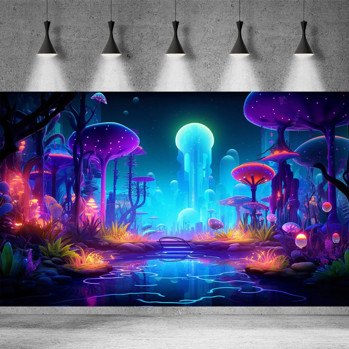 Fondo de acuario de bosque de fantasía, plantas misteriosas, hongos abstractos, estilo caricatura, terrario, telón de fondo de arroyo tranquilo, fondo de pecera, póster decorativo, vinilo,