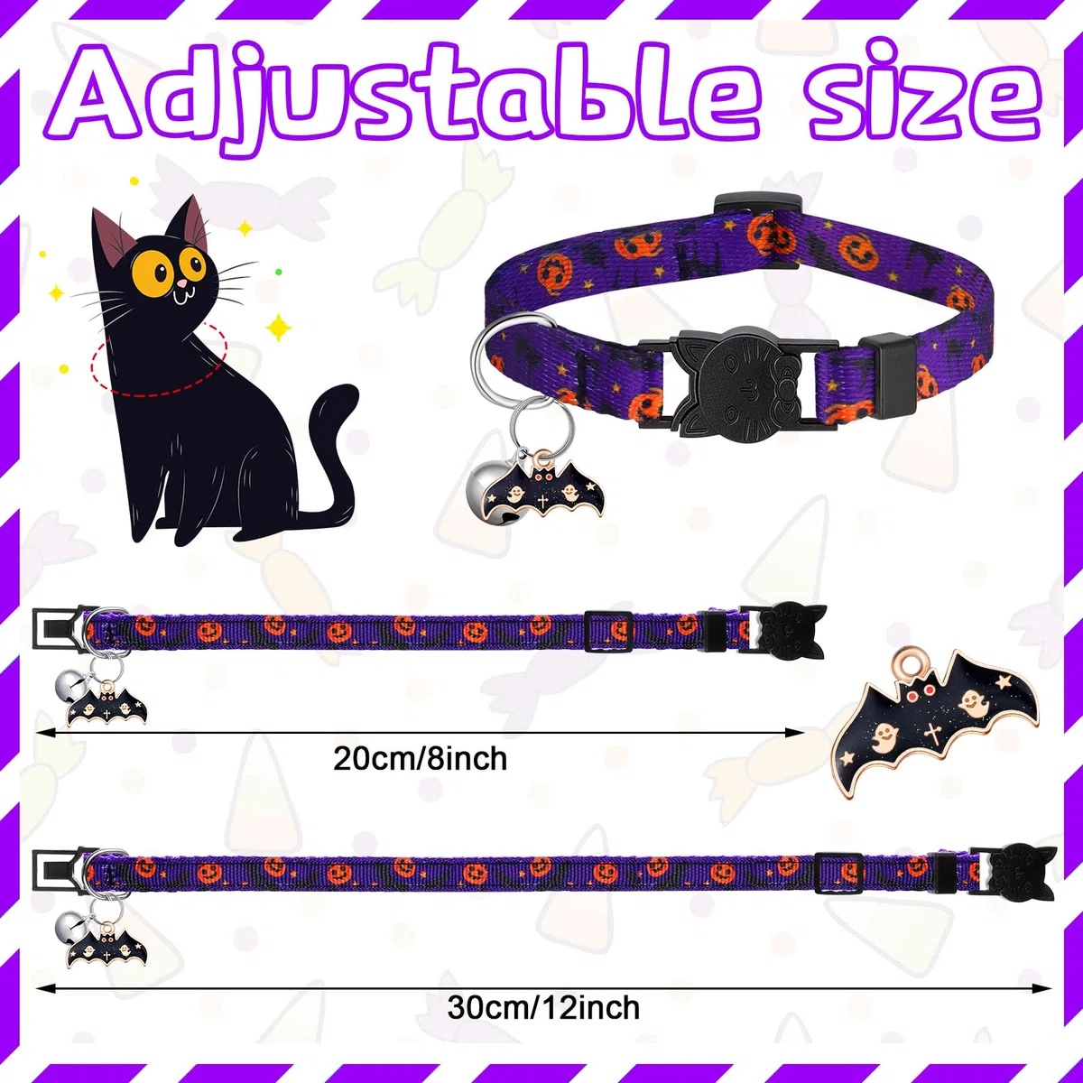 15 collares de gato para Halloween, collares de gato para otoño, Acción de Gracias, collares de gato con campana, collares ajustables para gatos de Navidad con hebilla de plástico, collar de gatito