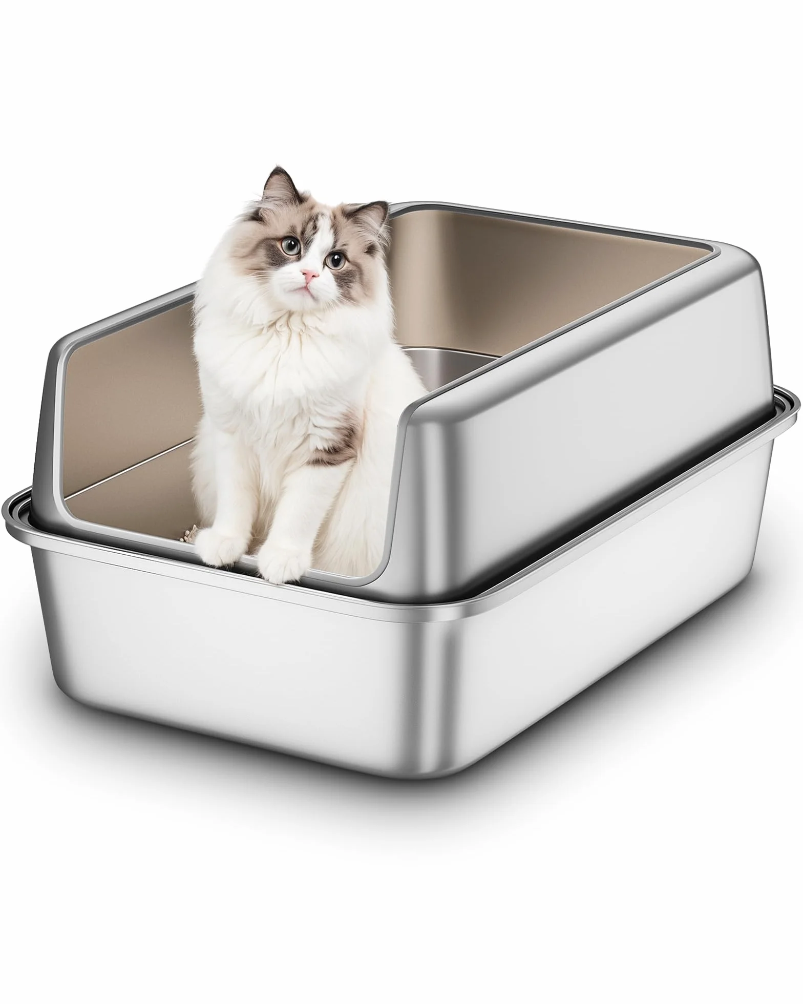 Arenero Gato Acero Inoxidable, Caja de Areneros para Gatos Grandes XXL, Arenero Todo Metálico para Gatos, WC Gatos con Bordes Altos Desmontables, Antiadherente, Sin Olores y Fácil de Limpiar
