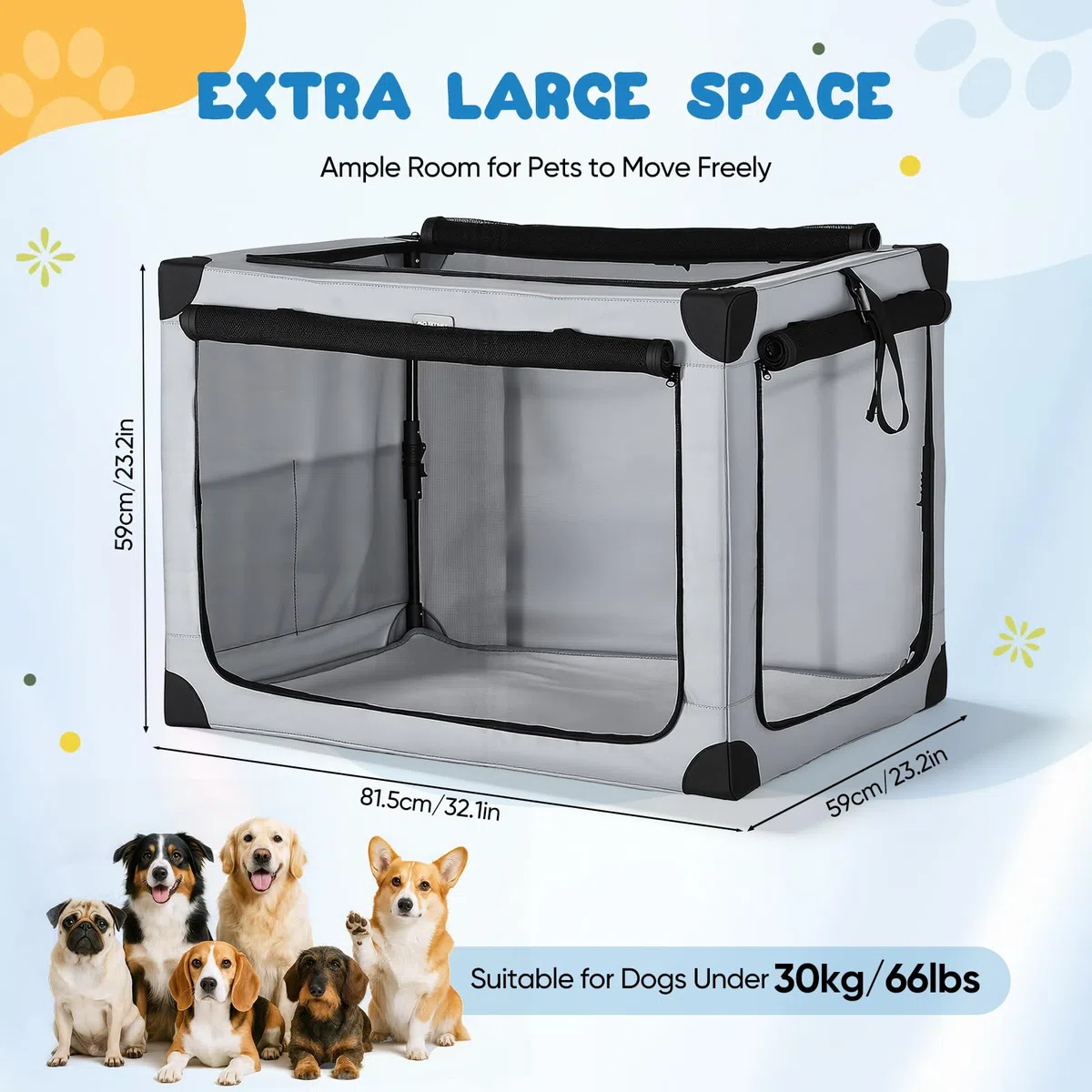 Transportin Perro Grande Plegable 81,5x59x59 cm para Coche con Malla | Transportin perro de Oxford 600D con colchón extraíble, plegable y transpirable para coche, viajes y hogar
