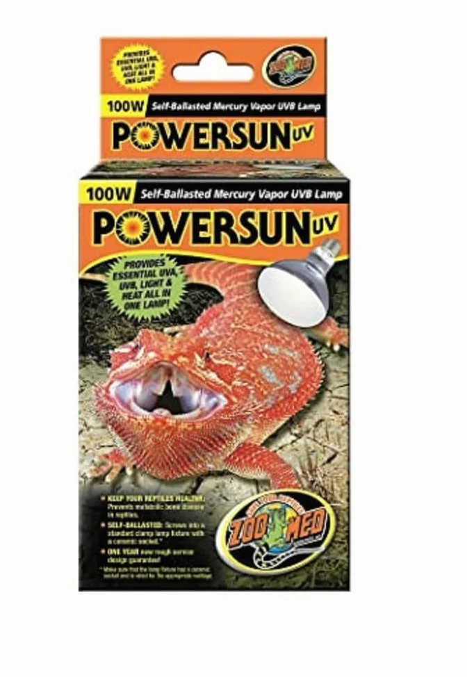 Zoo Med Powersun Lámpara Calefactora para Reptiles, Iguanas, Dragones Barbudos, Casquillo E27, Rayos UVA y UVB, 1680 Lúmenes, 100 W