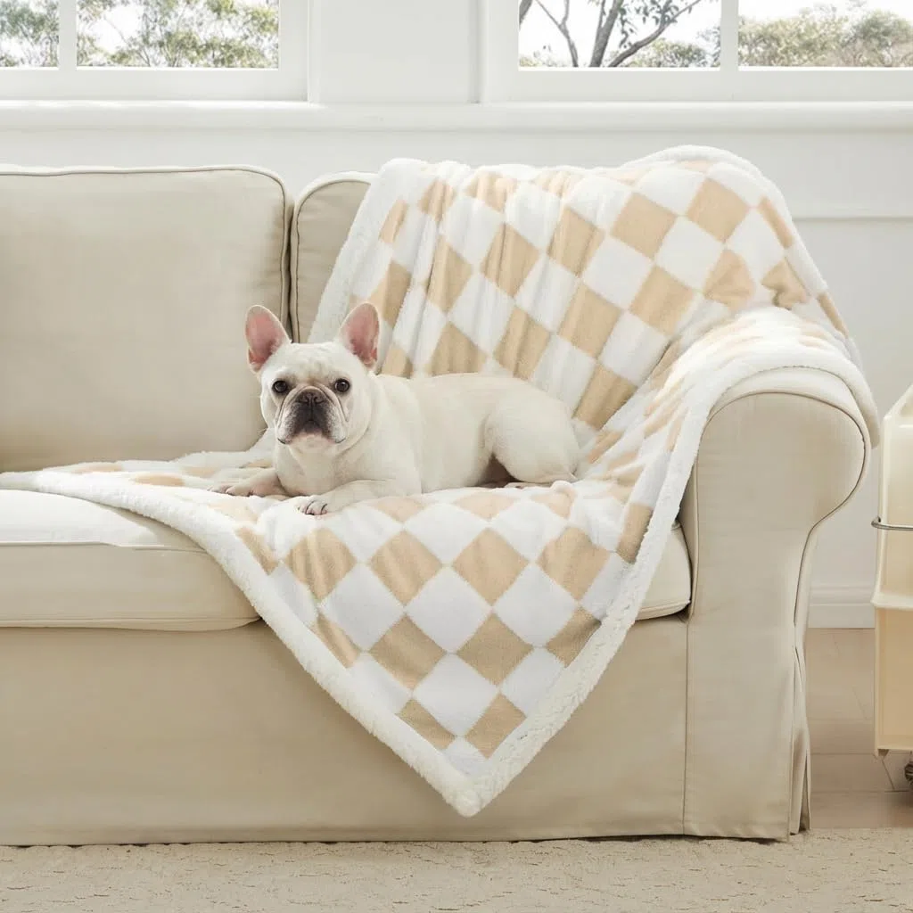 Ohocut Manta a cuadros para perro, manta sherpa jacquard beige caqui para perros y gatos pequeños, bonito estilo estético, manta de forro polar esponjoso para protección de sofá, lavable, 30 x 40